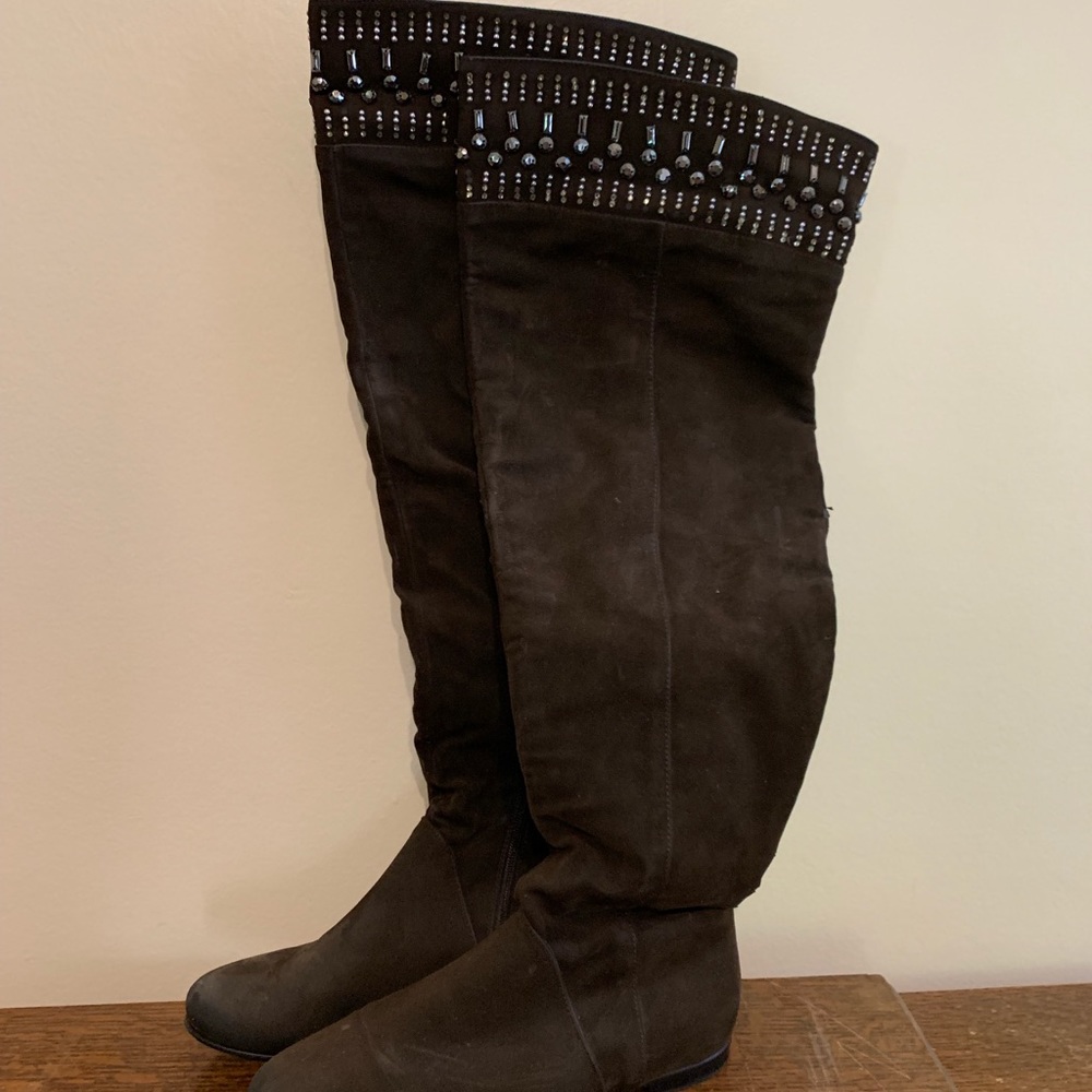 Thigh high suede brown boots